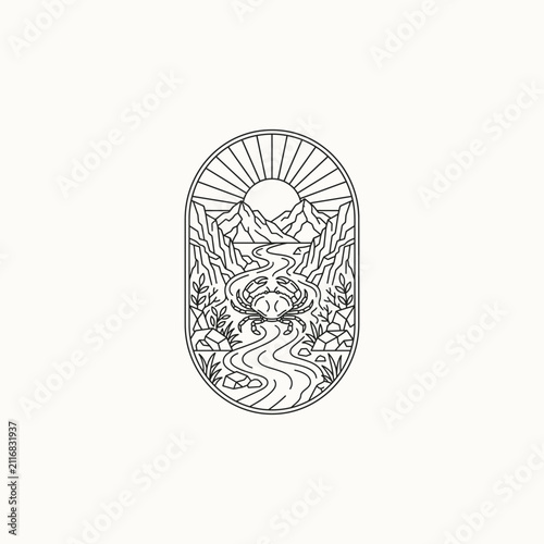 Minimalist Crab Mountain River Line Art Badge