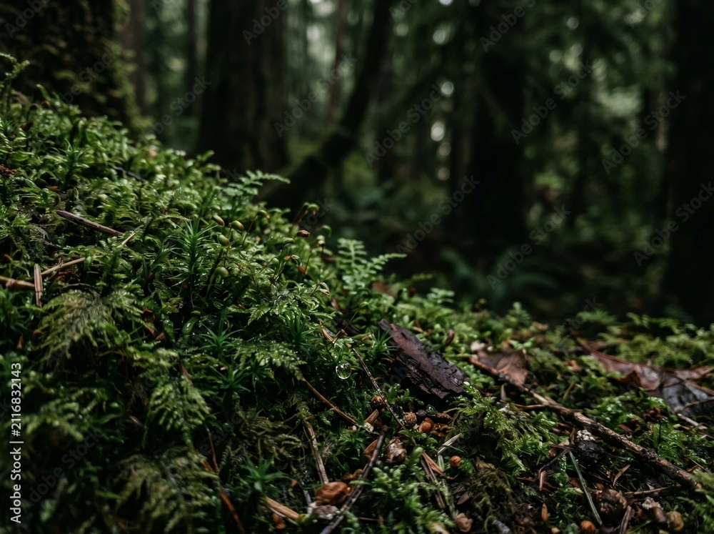 Obraz premium Lush green moss and delicate ferns growing on the damp floor of an old growth temperate rainforest