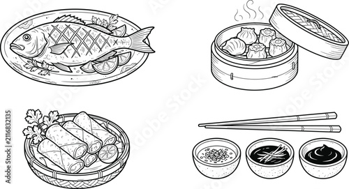 Cuadro en lienzo Asian food line art collection featuring grilled fish, dim sum, spring rolls