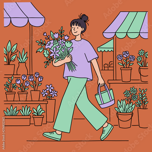 Photography Woman Buys Flowers from Outdoor Market