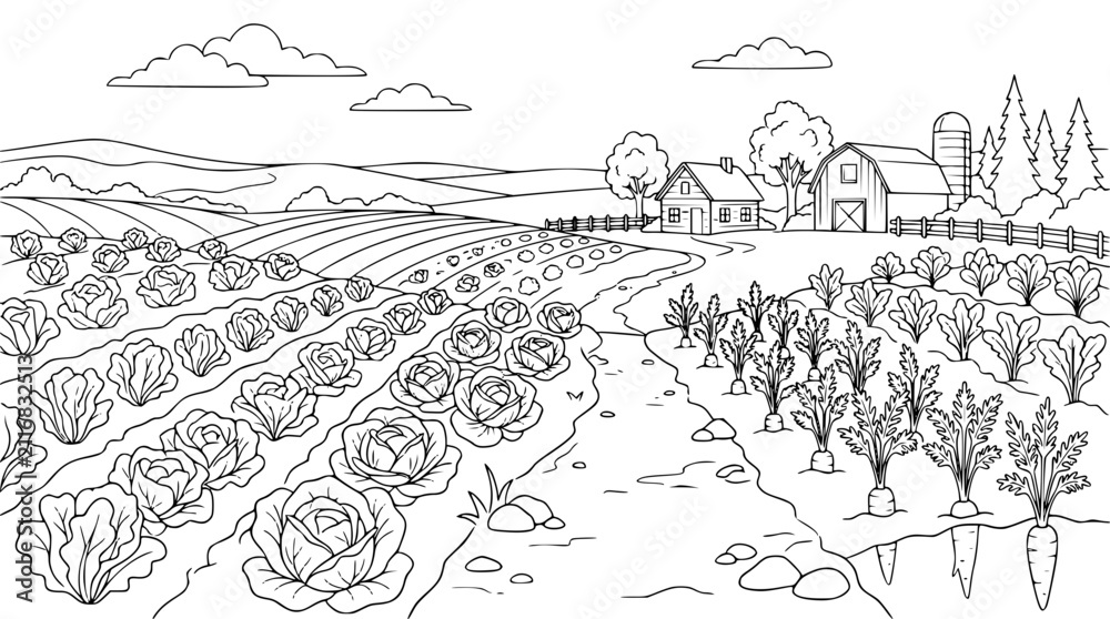 Fototapeta premium Farm Landscape Coloring Page with Vegetable Garden and Barn