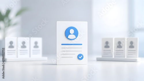 3D illustration of an approved resume document with a checkmark standing out among other candidate profiles