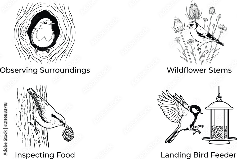 Fototapeta premium Black and white line art collection of wild garden birds interacting with natural