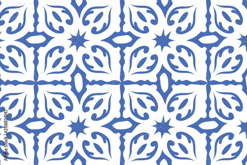 Illustration modern geometric blue and white Portuguese tile or ceramic azulejo style seamless ornamental pattern.