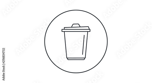 Trash Can Icon. Simple Line Art Design. Circular Outline Graphic.