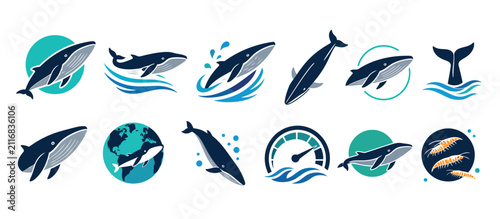 Quadro su tela Collection of stylized whale illustrations in various poses.