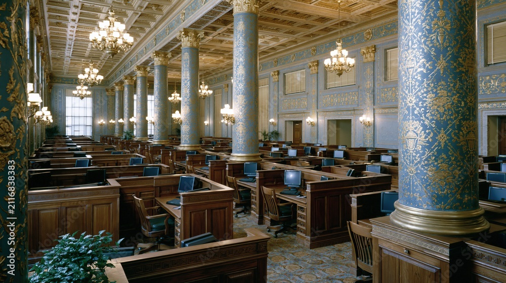 Fototapeta premium Grand historic legislative chamber with ornate columns, desks, and computers, showcasing government and law
