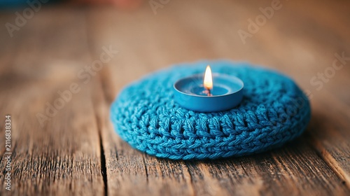Cozy tealight candle glowing warmly on a rustic wooden table, creating a tranquil and serene ambiance
