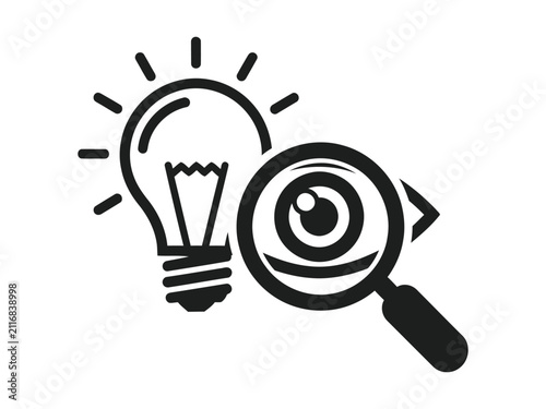 Creative idea icon with light bulb and magnifying glass, vision and research concept vector, black line art illustration
