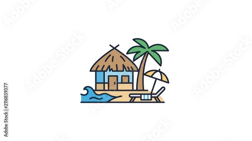 Tropical Beach Hut with Palm Tree.