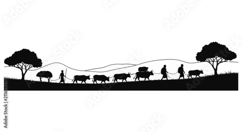 Black silhouette of ancient tribal nomads leading a cattle caravan across rolling hills with sparse trees on a white background, representing migration or rural trade.
