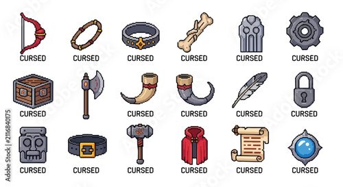 Canvastavla This pixel art vector illustration features eighteen different cursed fantasy RPG items and equipment, each clearly labeled with the word CURSED