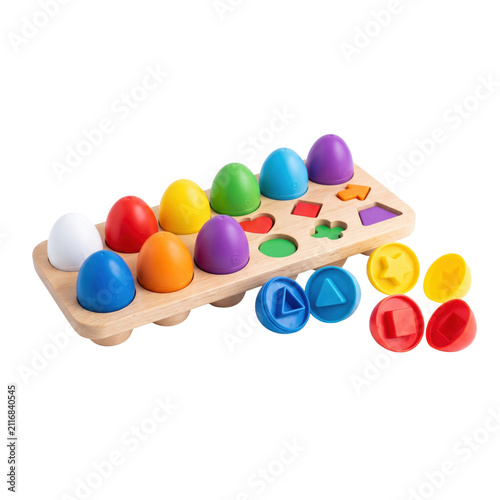 Montessori shape matching eggs toy. Educational color sorting game for toddlers.