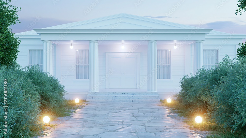 Fototapeta premium Elegant White Government Building Facade with Pediment, Columns, and Illuminated Pathway at Dusk