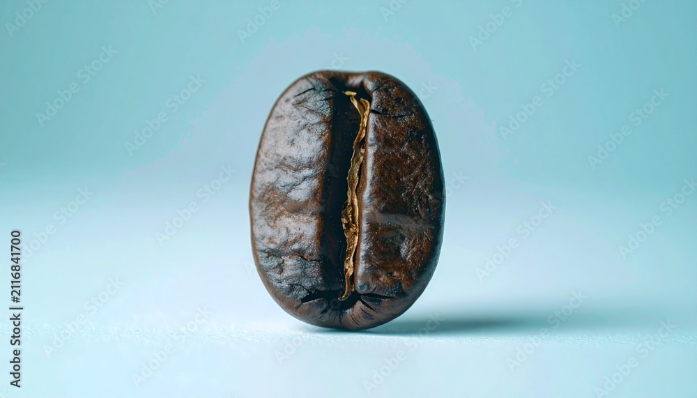 Naklejka premium Single Roasted Coffee Bean Close-up on Blue Background