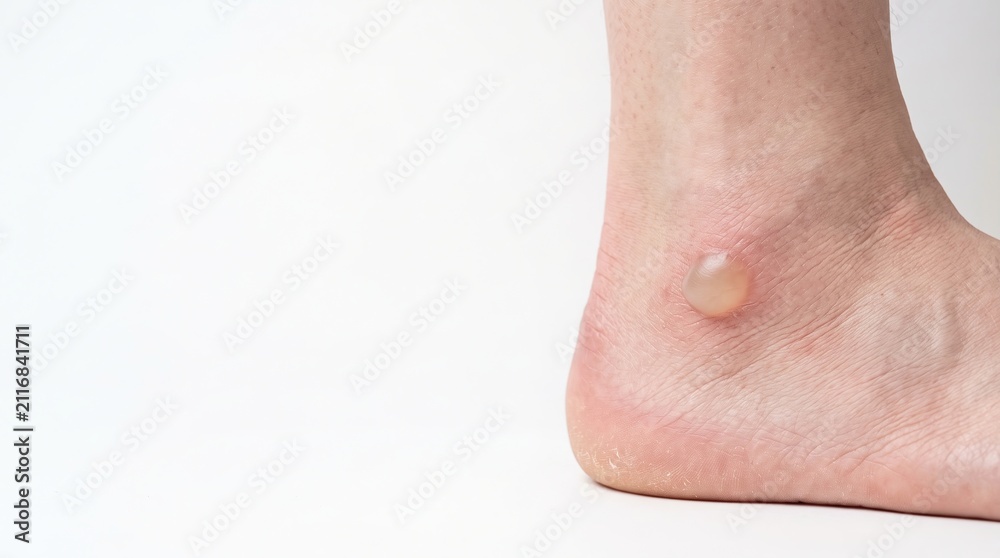Fototapeta premium Macro Photo of Clear Fluid Friction Blister on Ankle Foot Skin