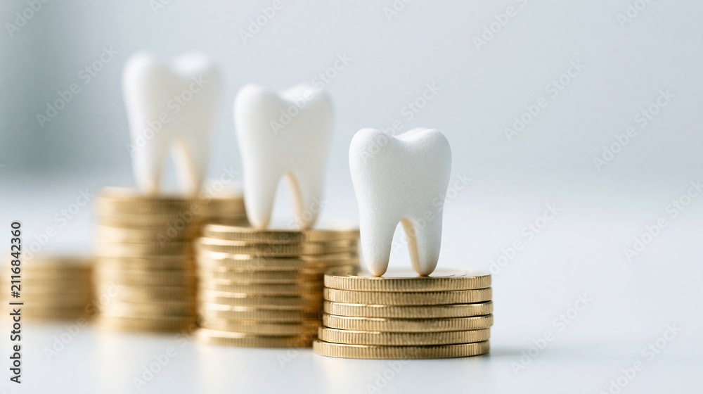 Obraz premium Dental Care Investment Growth Represented by Teeth on Stacked Gold Coins