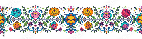 Konstfotografi Whimsical Floral Border with Cute Faces