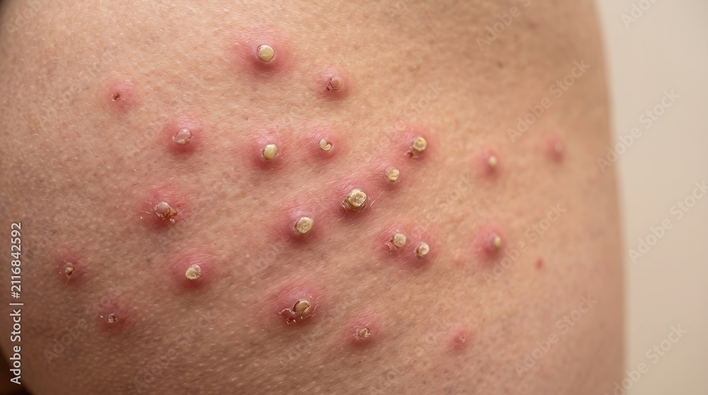 Fototapeta premium Close Up of Mpox Monkeypox Umbilicated Virus Pustules and Scabs on Skin