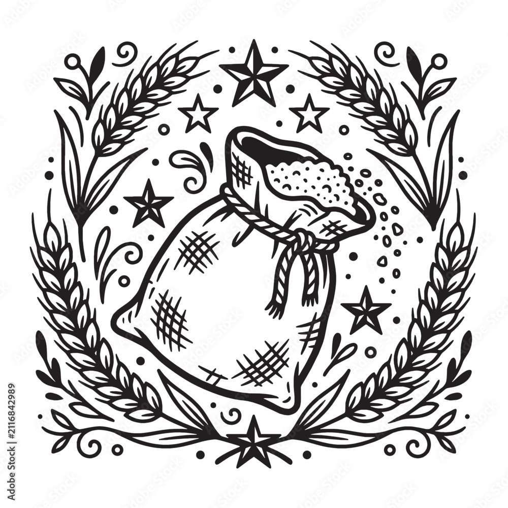 Fototapeta premium Rustic black and white line art illustration of a grain sack surrounded by wheat stalks and decorative stars, suitable for organic bakery, farming, and agricultural branding.