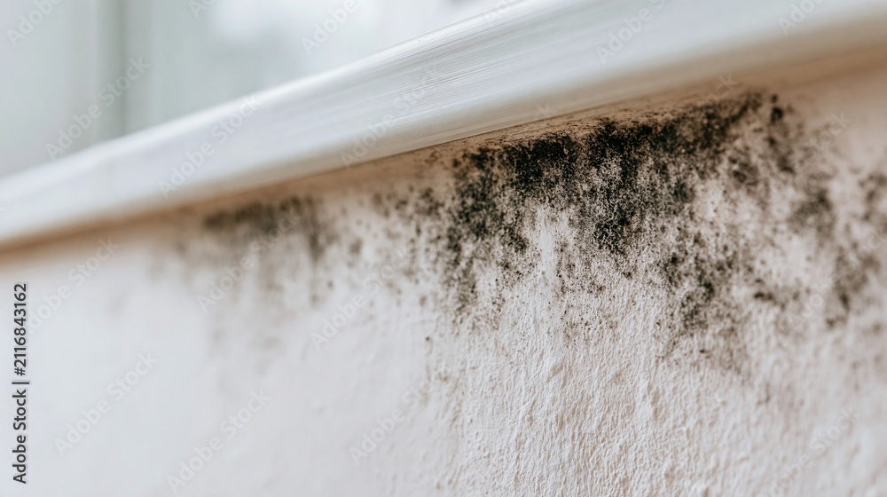 Obraz premium Close-up of black mold growth on a textured white wall surface, indicating a damp environment and potential home damage