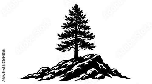 Fotografie Pine tree silhouette stands on a rocky outcrop, symbolizing resilience and natural beauty in a stark, graphic style
