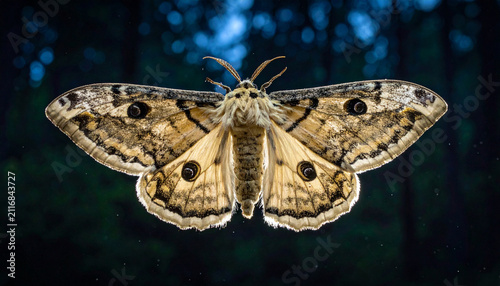 A large nocturnal emperor moth displays intricate camouflage patterns on its widespread wings while resting amidst the deep shadows of an evening forest environment during a calm night