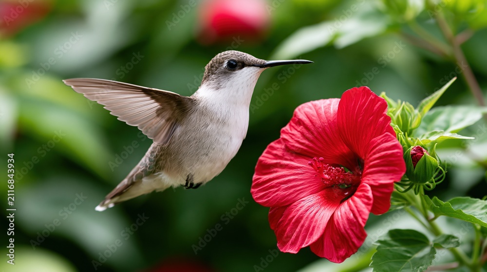 Fototapeta premium Tiny hummingbird hovers near vibrant red flower in lush green garden, capturing nectar in flight