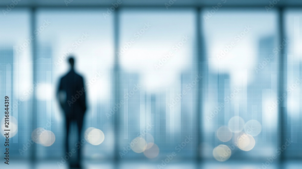 Obraz premium Silhouette of businessman looking out a large window at a blurred cityscape, symbolizing ambition and future success