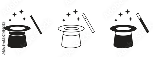 Bild auf Leinwand Magic Hat with Magic Wand and Sparkles Icon Set in Outline and Solid Black Style