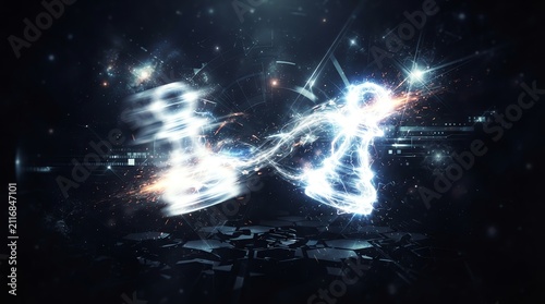 Chess pawns colliding with blue energy burst