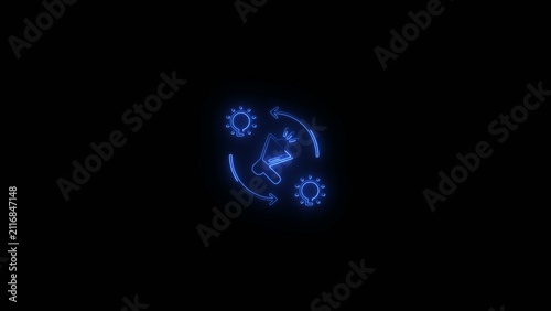 Neon blue glowing of megaphone with circular arrows and virus particles on dark Generate title without using the word 