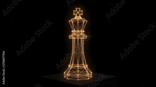 Glowing orange wireframe chess king on black background