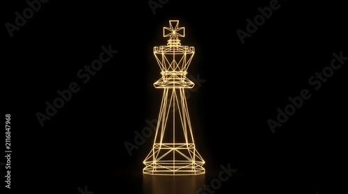 Gold wireframe chess king on black background