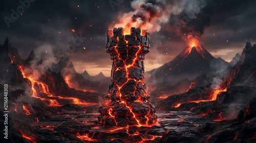 Lava rock tower in active volcanic landscape