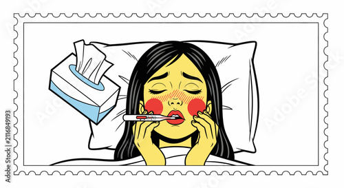 Woman with fever and thermometer in bed, tissue box nearby. Pop art style.