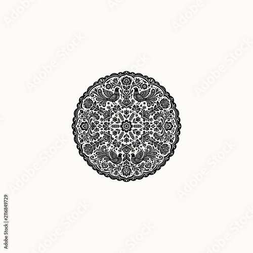Folk Art Floral Mandala with Birds Illustration