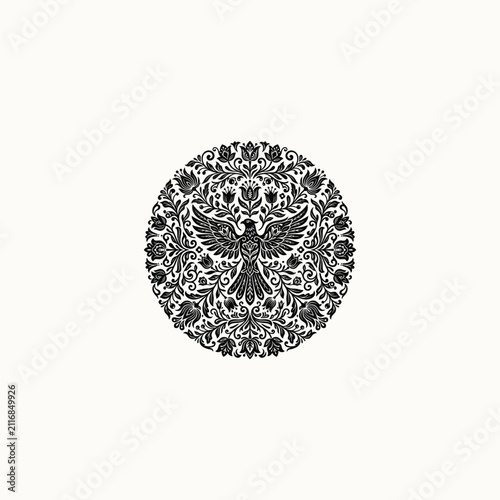 Black Floral Bird Emblem Circular Folk Art Design