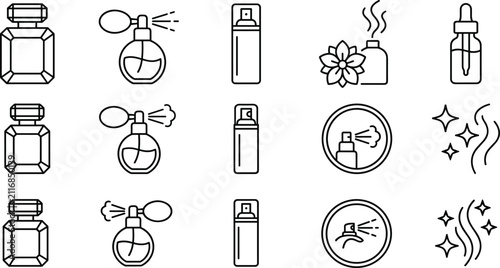 Bild auf Leinwand Perfume Bottles and Cosmetic Fragrance Spray Line Icon Set Featuring Essential O