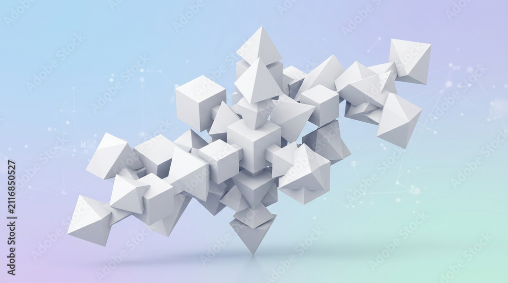 Obraz premium Abstract 3D geometric composition, white floating cubes and pyramids on pastel gradient background, futuristic architectural structure for tech branding
