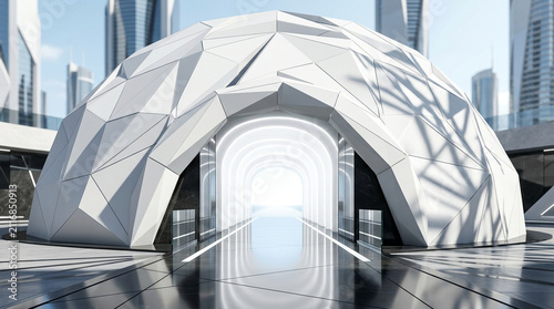Futuristic white geodesic dome structure, modern architectural pavilion in a city, sleek geometric dome with glowing entrance tunnel