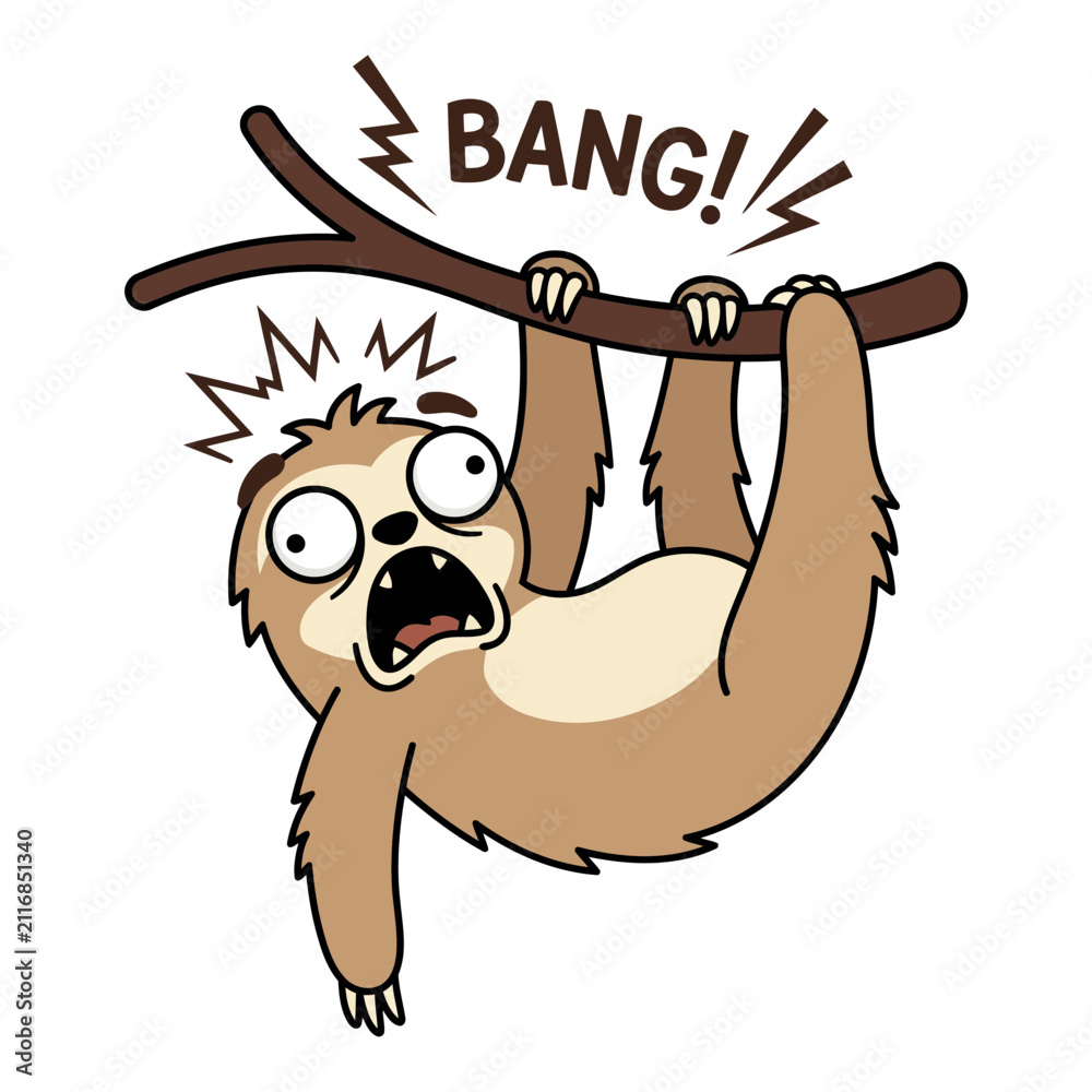 Fototapeta premium Shocked sloth hanging on branch with surprised face expression and sound effect