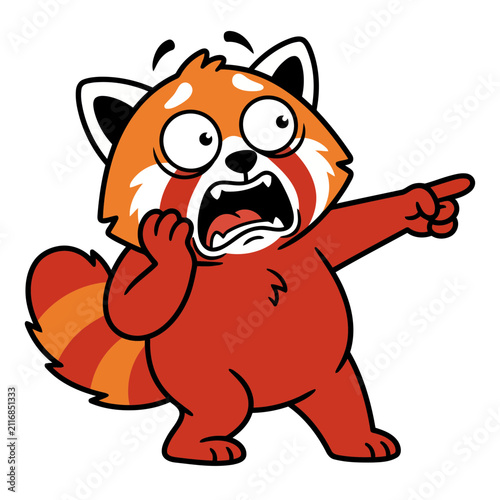 Shocked red panda cartoon character pointing finger in surprise