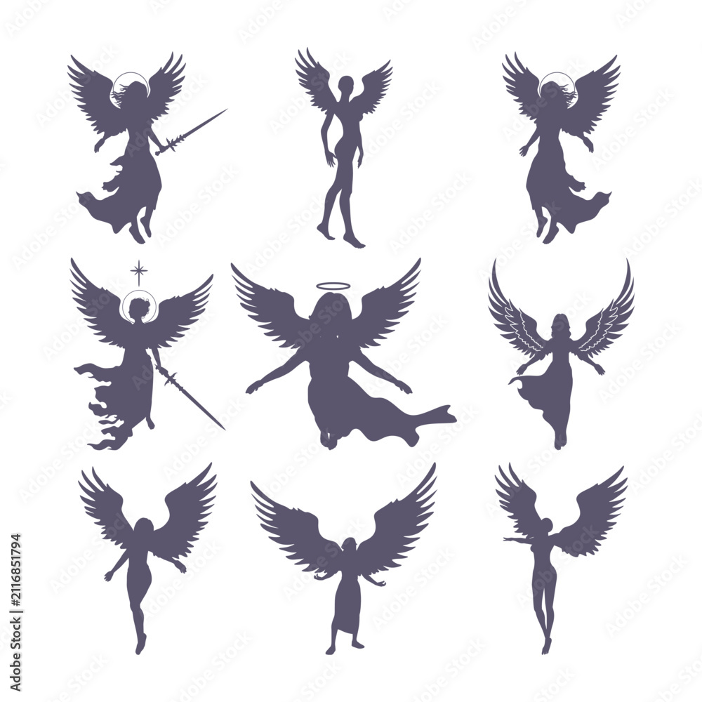 Fototapeta premium Fantasy woman angel with huge bird wings. Lady goddess. Human silhouettes collection