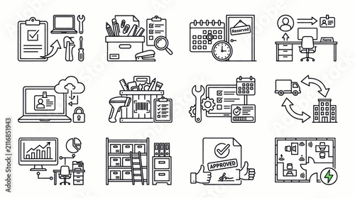 Collection of business and office icons representing various tasks and processes.