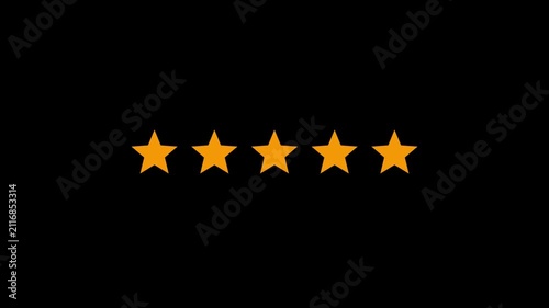 Five orange stars rating icon on black background. 4K Video