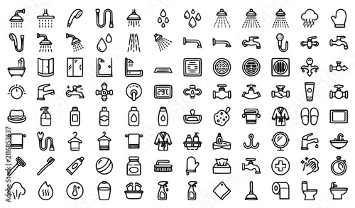 Fotografie 80 Minimalist Shower and Bathroom Web Icons Vector Collection