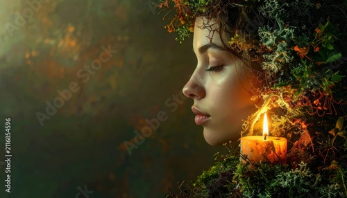 Profile Portrait of a Serene Woman Wearing a Moss Headdress and Lit Candle, Mystical Nature Spirit Concept with Atmospheric Copy Space