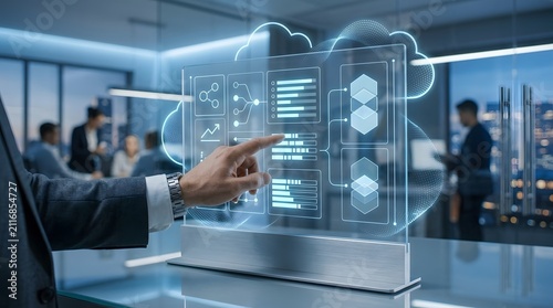 A professional business person interacting with a futuristic holographic cloud computing interface inside a modern office with blurred colleagues background