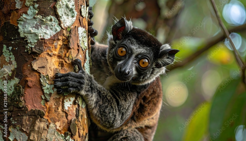 Obraz premium A rare brown lemur with captivating orange eyes peeks from a textured tree, its curious gaze highlighting the unique wildlife within its lush rainforest habitat
